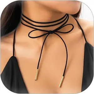 Gothic Bow-knot Velvet Choker Necklace Sexy Long Wrap Rope Collar Tie Neck Chain with Silver Gold Pendant Boho Neck Accessories for Women