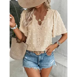 Swiss Dot Patchwork Hollow Lace Butterfly Sleeve Shirt Sweet apparel Summer Tops Loose Fit