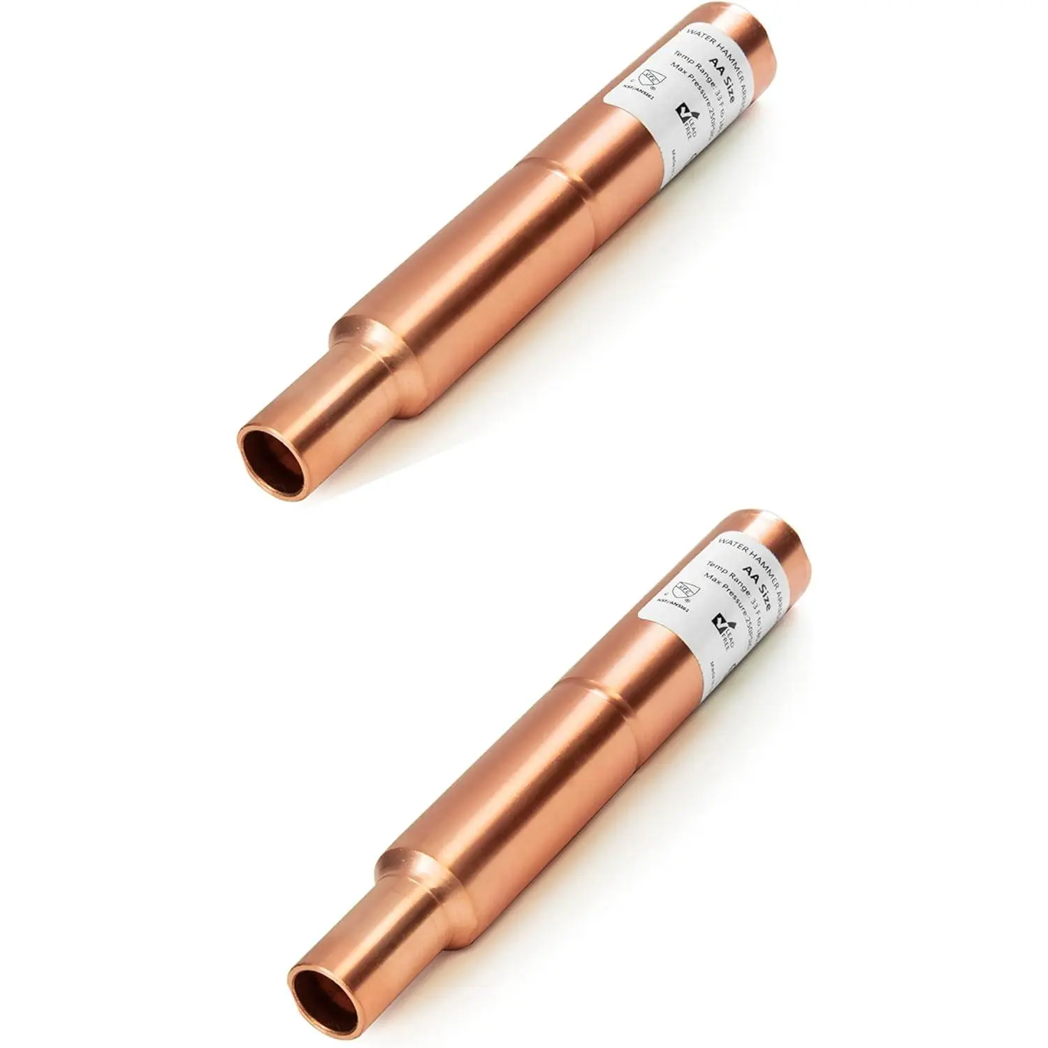 Copper Water Hammer Arrestor (2-Pack, NSF Certified) - 1/2-Inch Straight Male Sweat, 250 PSI, 33°F to 180°F, AA Size, Safe for Potable Water Plumbing Applications (HAMMER023-2PCS)