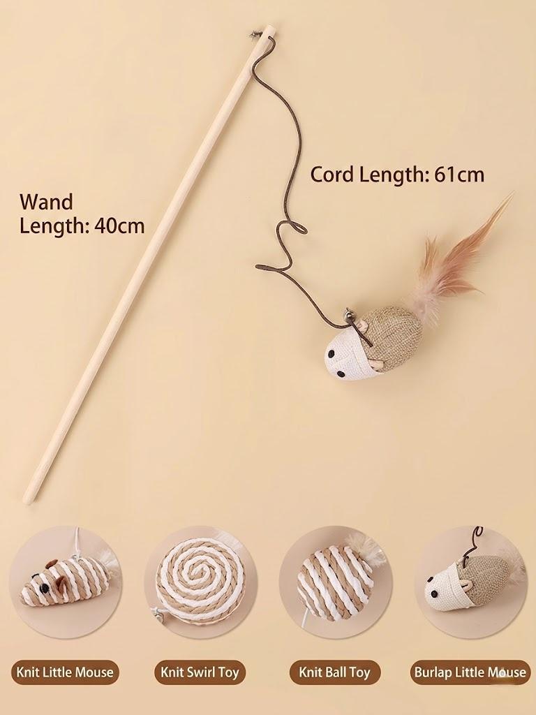 Handcrafted Natural Wood Cat Teaser Wand Toy with Durable Jute Rope Mouse, Real Feathers and Jingle Bell - Interactive Log Teasing Stick for Indoor Cats, Kittens, Exercise and Hunting Play