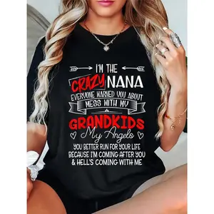 Women's Plus Size Funny  I'm The Crazy Nana  Graphic T-Shirt - Don't Mess with My Grandkids, Cute Grandma & Grandchild Photo Icon Suitable for Grandma Gift, Casual Short Sleeve Round Neck Tee, Pe