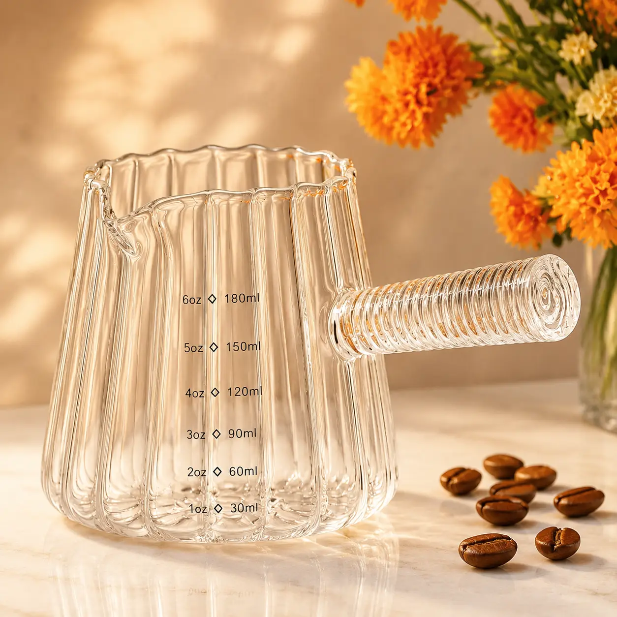 180mL Borosilicate Heat-Resistant Glass Measuring Cup with Glass Handle, V-Shaped Spout, Pure Transparent Design, Ideal for Espresso Milk Frothing & Hot Beverages (Coffee, Tea)