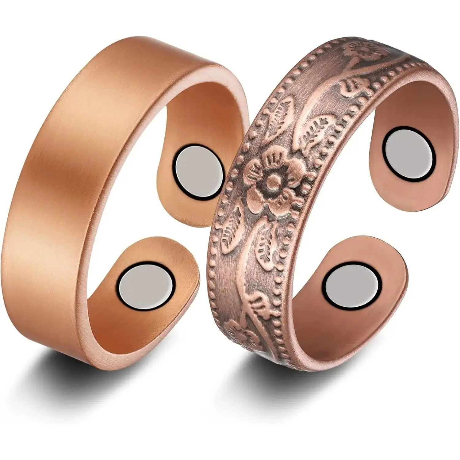 Women & Men's 2PCS Copper Magnetic Rings - Adjustable Size, Copper Finish, Floral Engrave, Stackable Vintage Open Band, Daily Wear Costume Jewelry Gift Set with Magnetic Close