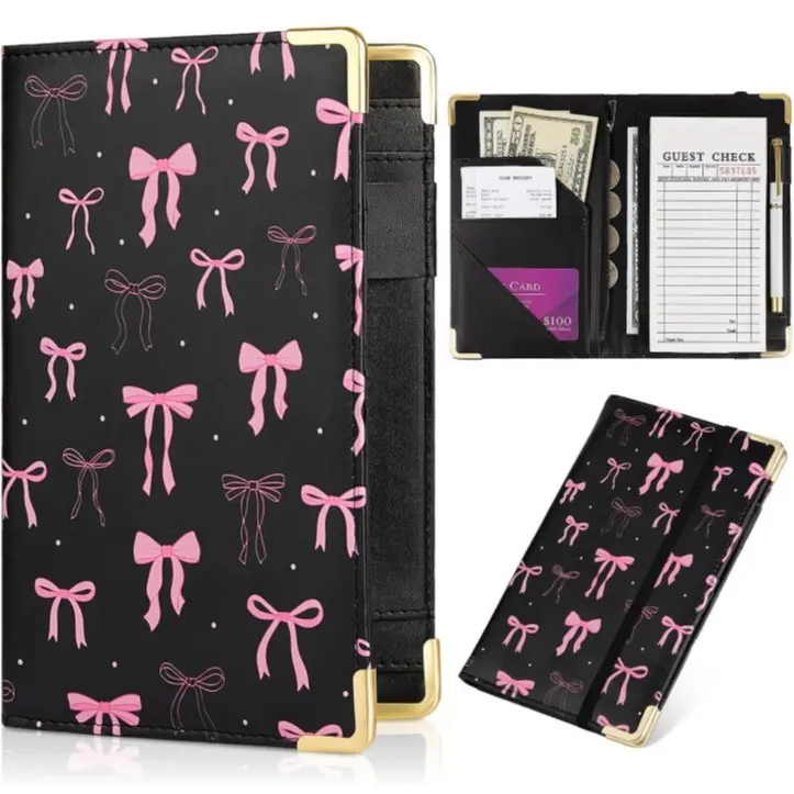 PU Leather Server Book with Zipper Pocket Pen Holder Sleek Organizer for Waitress Waitstaff and Bartender