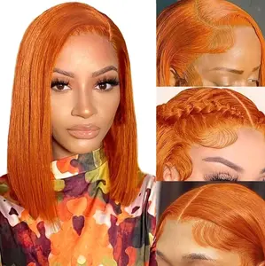 AMZ Ginger Orange 350 Short Bob Straight Human Hair Wigs 13x4 HD Transparent Lace Front Wigs