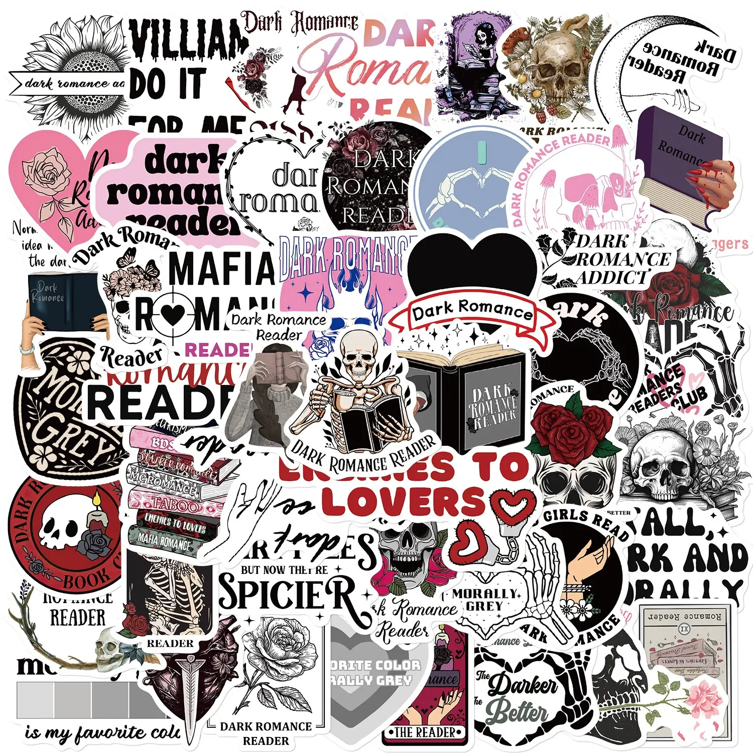50 PCS Dark Romance Reader Themed  Iconic  WaterProof Stickers for Guitar, Laptops, Hard Hat, Bottles, Vehicles, Windows, Rooms and more~~~