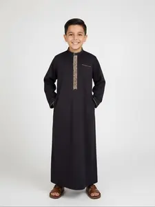 Middle Eastern Muslim Traditional Boys' Black Thobe with Embroidery, Stand-Up Collar, Long Sleeves and Side Pockets | Durable Ramadan Celebration Outfit (Eid al-Fitr/Eid al-Adha), Children's Islamic Clothing, a Great Gift