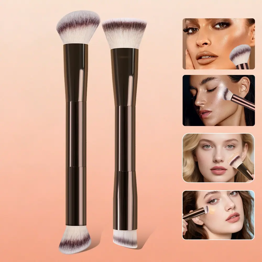 2-Piece Dual-Head Makeup Brushes Set, 2-In-1 Multifunctional Brush Kit, Contouring Highlighter Foundation Concealer, Soft Fiber Metal Handle, Face Brush Set, Cosmetics Brushes Set