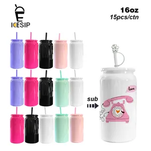Icesip 15pcs 16oz glossy sublimation stainless steel blank can mixed color with straw and straw topper for party decor and diy gift set