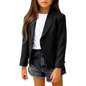 Girls Solid Color Lapel Suit Coat Button Down Long Seelve Blazer Jacket