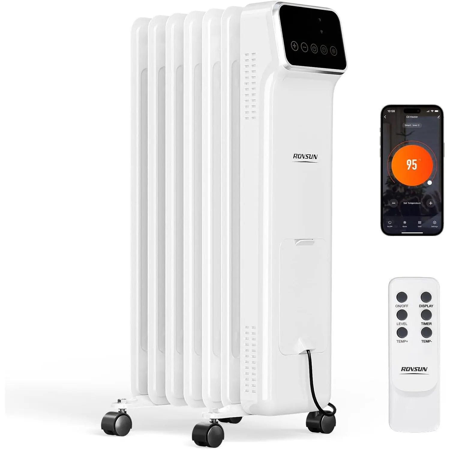 ROVSUN Affordable & High-Quality Oil Filled Radiator Heater, 100w/300w/600w/1500w Portable Space Heater for Families, Adjustable Thermostat, Remote Control & APP Control, Tip-Over & Overheat Protection, Indoor Use (Living Room, Bedroom), Affordable And Hi