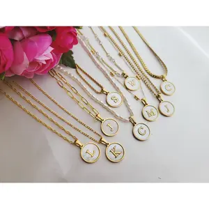 Gold Filled Mother Of Pearl Round  Initial Necklace