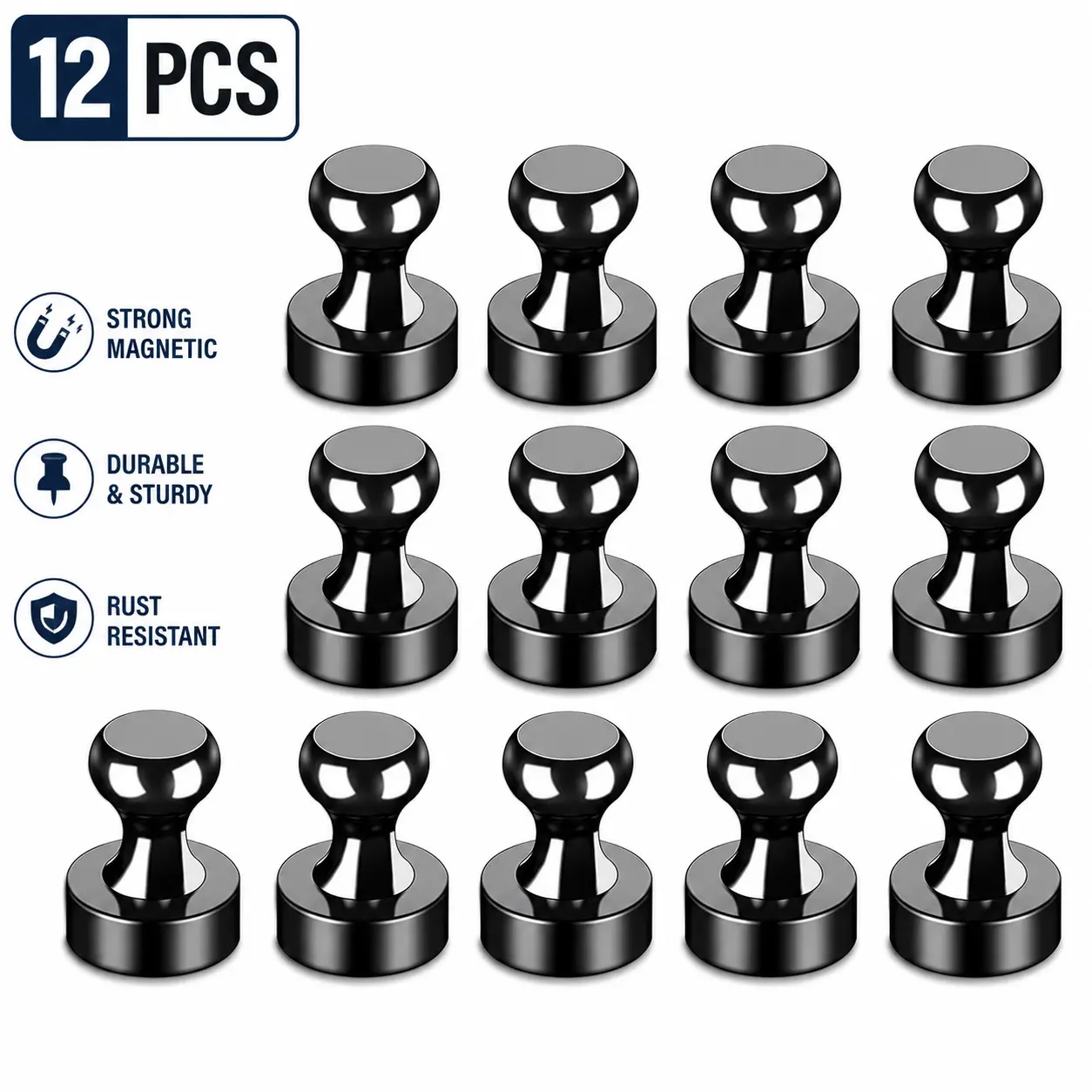 12Pcs, Magnet for Refrigerator Whiteboard, Black | Small Strong Neodymium Metal Cute Push Pin for Classroom, Kitchen, Accessories Decorative, Office, Calendar