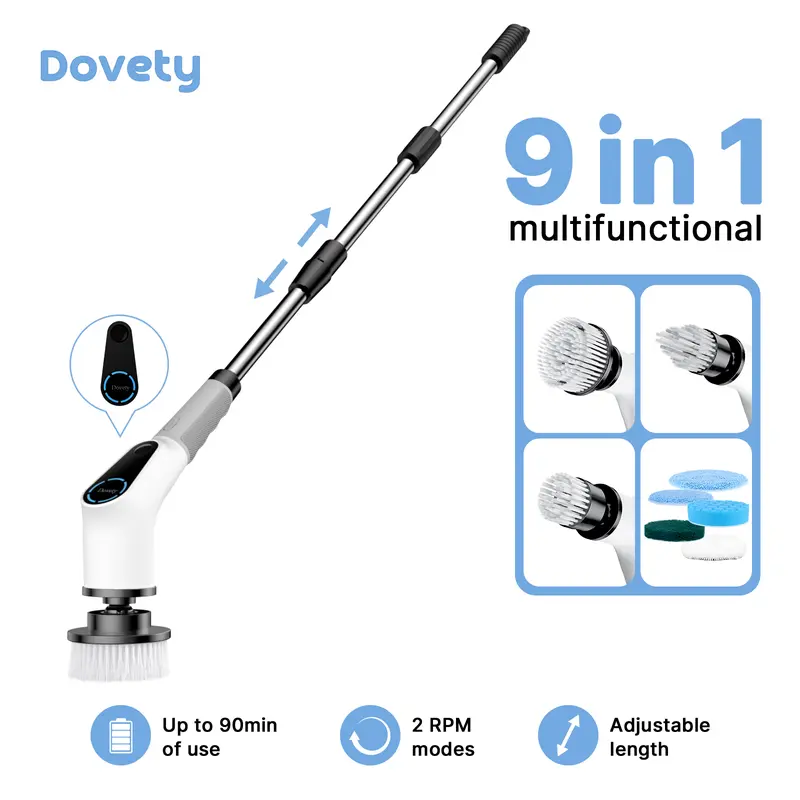 Dovety Electric Spin Scrubber with 8 Replacement Heads, 2 Adjustable Speeds, Extension Handle, Multifunctional Cordless Cleaning Brush,  Fast Charging -  for Bathroom, Shower, Tub, Tile, Toilet, Floor, Windows, Sinks, and More Portable， Household Items