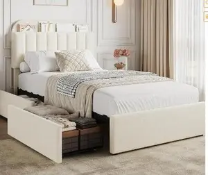 Bed Frame with Storage Headboard, Kids Bed Frame with 2 Drawers, Boucle Upholstered Platform Bed with Bookcase, No Box Spring Needed, Easy Assembly