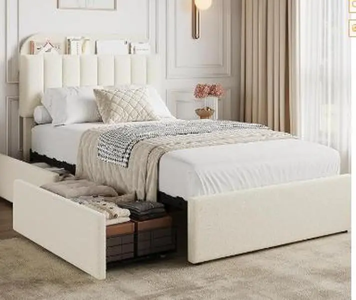 Bed Frame with Storage Headboard, Kids Bed Frame with 2 Drawers, Boucle Upholstered Platform Bed with Bookcase, No Box Spring Needed, Easy Assembly