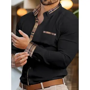 Men'S Long-Sleeve  Shirt Men's Classic Plaid Long Sleeve Dress Shirt with Chest Pocket - Smooth Polyester Fabric, Button-Up Front, Machine Washable - Perfect for Spring & Fall Casual Wear Cotton Menswear Stretch Tops Black Checked