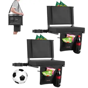 VEVOR Stadium Seat, Folding Bleacher Seat with Back Support and Thick Cushion, Padded Stadium Seats for Bleacher Includes Shoulder Strap, Hooks, Cup Holder, and Side Pocket, Black Bleachers Chair