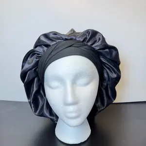 Premium Satin Double Layered Reversible Purple Striped Print Tie Bonnet for All Hair Types Protects Against Frizz & Dryness