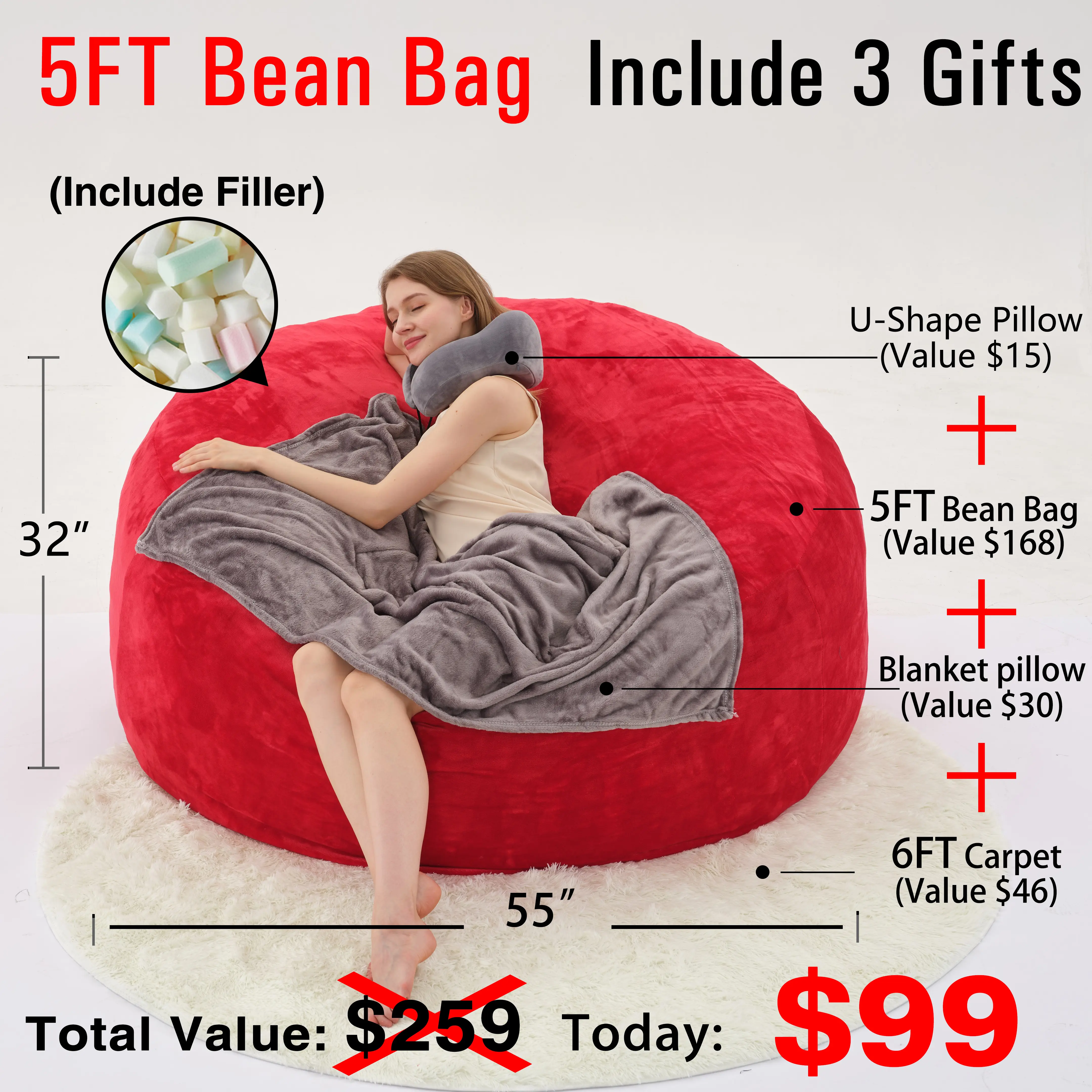 5FT Red(Cover Filler U-pillow Blanket Carpet)