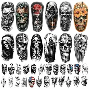 77 Sheets Skeleton Skull Temporary Tattoo for Women Men, 17 Sheets Half Arm Large Flower Spider Owl Fake Tattoos, 60 Sheets Black Scary Halloween Cosplay Tiny Adult Kid Body Tattoos Stickers Realistic