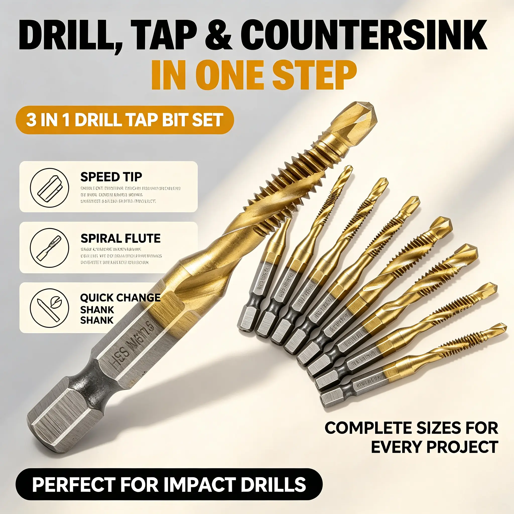 3-in-1 Drill Tap Bit Set (1 Box, 6 Pieces), 6-Count Ultra TiAlN Coated M2 Drill Bits for SAE M3-M10 Tapping, Drilling, Deburring in Sheet Metal