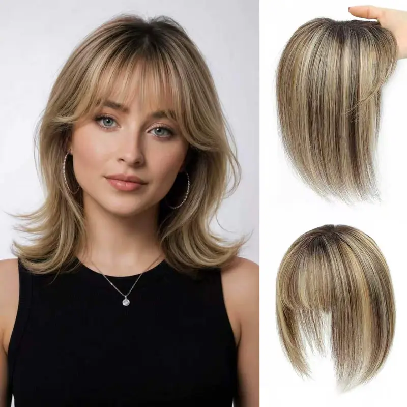 HOLFWALF Women's Human Natural Hair Topper - Upgrade Swiss Lace Base, With Bangs, Easy-to-Wear, Anti-Thinning Volumizing Human Hair Extensions & Pieces For Gray Root Coverage