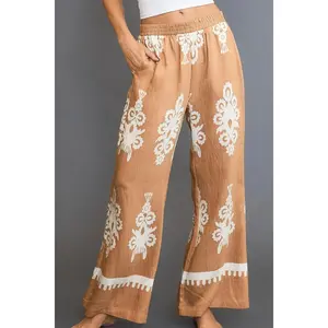 Umgee Full Size Border Print Wide Leg Pants Plus Size