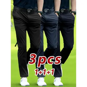 3-pieces Men's Elegant Golf Pants Set, Casual Sportswear Long Pants, Outdoor Activities Trousers with 4 Pockets, Comfortable Polyester Spandex Fabric, All Seasons Outdoor Activities