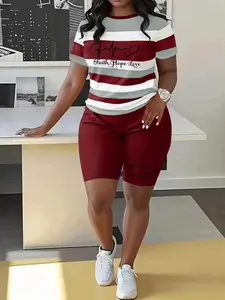 Letter Print Striped Summer Casual Round Neck Short Sleeve Shorts Set, Womenswear Two-Piece for Spring and Summer, Comfortable and Stylish