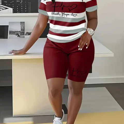 Letter Print Striped Summer Casual Round Neck Short Sleeve Shorts Set, Summer Outfits Set, Fashionable Shorts Set, Womenswear Two-Piece for Spring and Summer, Comfortable and Stylish Lady