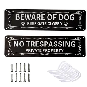 Reflective Aluminum Safety Sign 2 Pack – Beware of Dog+No Trespassing, UV Printed, Pre-Drilled, Outdoor Metal Warning, 12x3 Inch for Yard or Gate