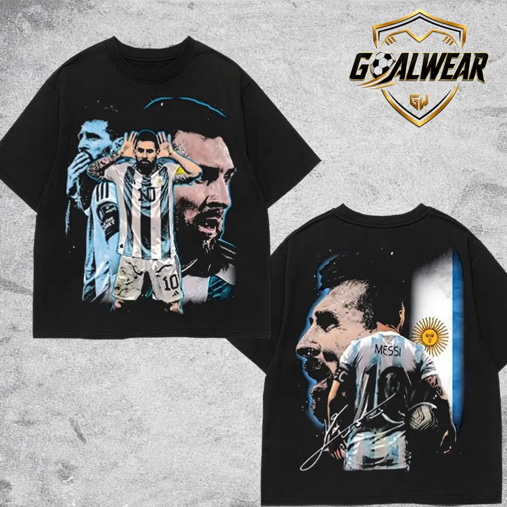Goalwear - Messi #10 Graphic Tee Shirt, Vintage Soccer Legend T-Shirt, Blue Era Football Icon Tee, Black Oversized Streetwear Shirt, Retro Match Day Fan Gift US