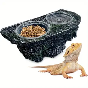 Reptile Feeding Ledge Double Water Bowl & Food Dish Tray, Crested Gecko Feeding Ledge with Suction Cup, for Bearded Dragon, Chameleon, Snake