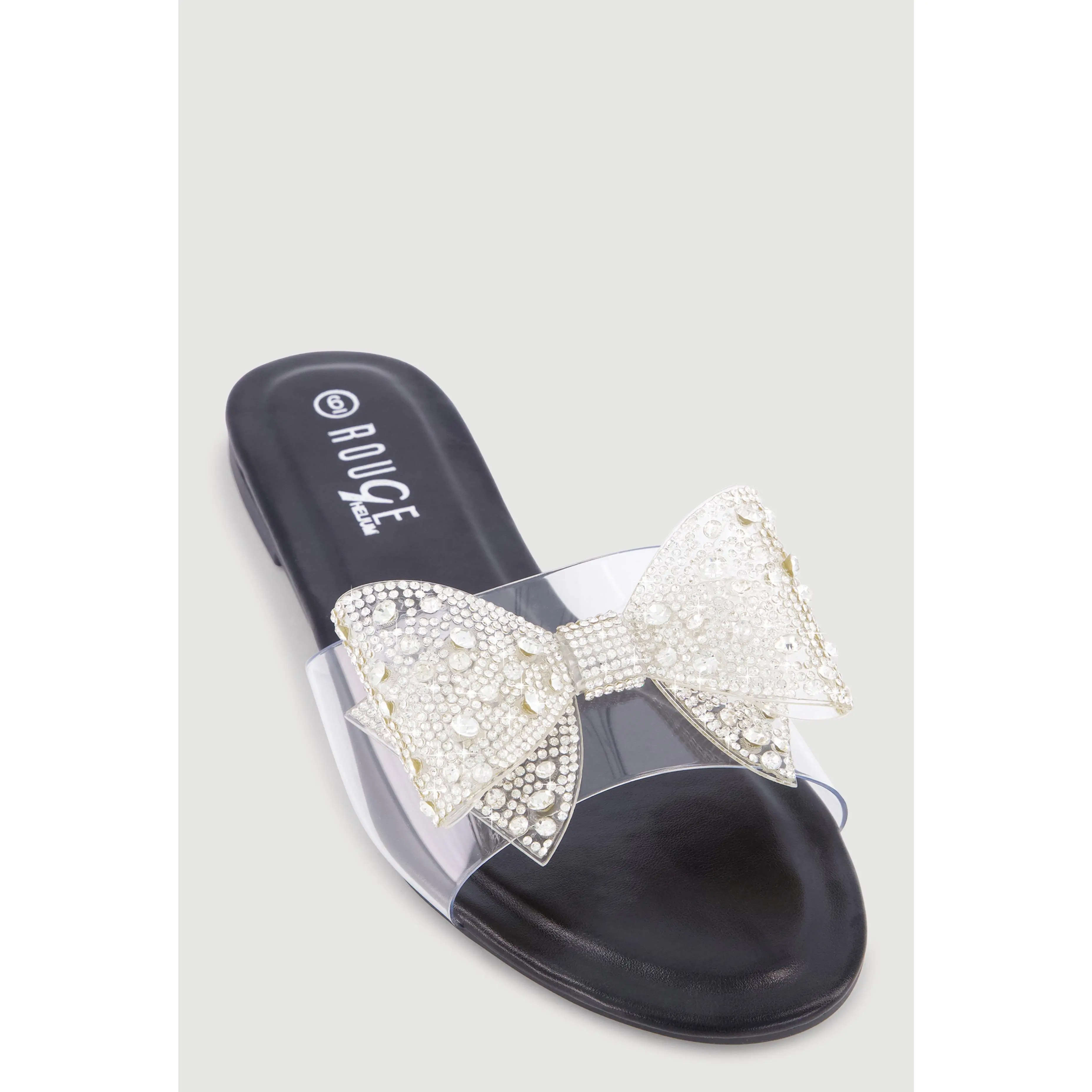 Rhinestone Bow Clear Band Slide Sandals