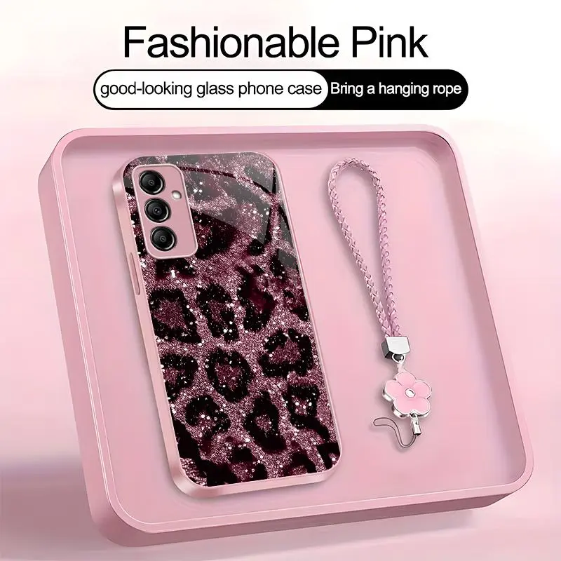Suitable for [Galaxy A14 5g] high-end women's phone case，a beautiful four-leaf clover lanyard is included🥰,simple yet sophisticated leopard print design, affordable price, available in multiple colors YM99