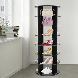 CNCEST 360 Degree Rotating Shoe Rack 7-Tier 28-Pair Capacity Freestanding Organizer with 77lbs Load Black PVC Storage Tower for Entryway Living Room Space-Saving Design