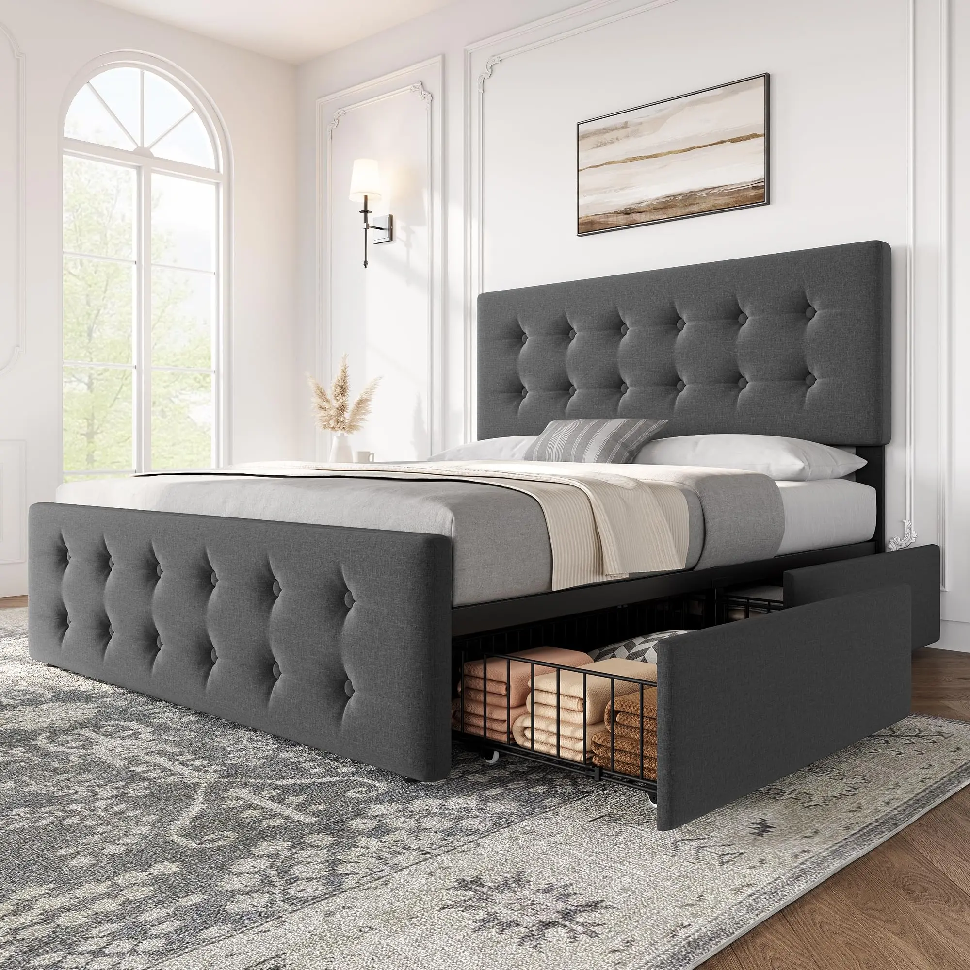 Linen Upholstered Full Size Bed Frame with 4 Storage Drawers & Headboard, Button Tufted Design, Wooden Slats, Dark Grey – No Box Spring Needed, easy installation