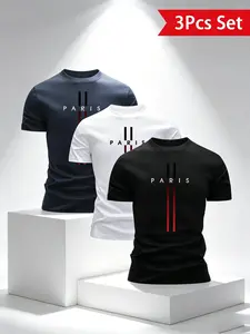 3-Pack Gradient Striped Men's Short Sleeve T-Shirts, Breathable Knit Fabric, All Season Casual Sportswear, Athletic Workout Tees, Athletic Tee