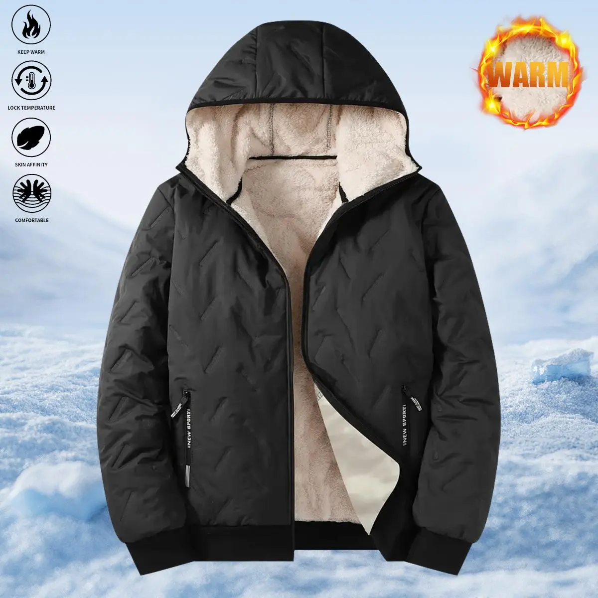 Men's Stylish Long Sleeve Menswear Winter Hooded Quilted Thermal Top - Plush Fleece Lined, Heat-Locking Windproof, Skin-Friendly Casual Coat with Full Zip, Zippered Pockets, Ribbed Cuffs for Daily Commutes, Outdoor Errands