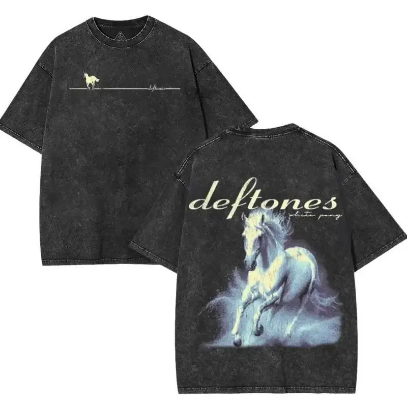 Mens Vintage Deftones White Pony Band T-Shirt - Washed Oversize Heavy Cotton Shortleeve Simple Novelty Top, Unisex Alternative Metal Grunge Round Neck Crewneck, Gym Outfit, Guys Gifts Rock Concert Streetwear,summervibes