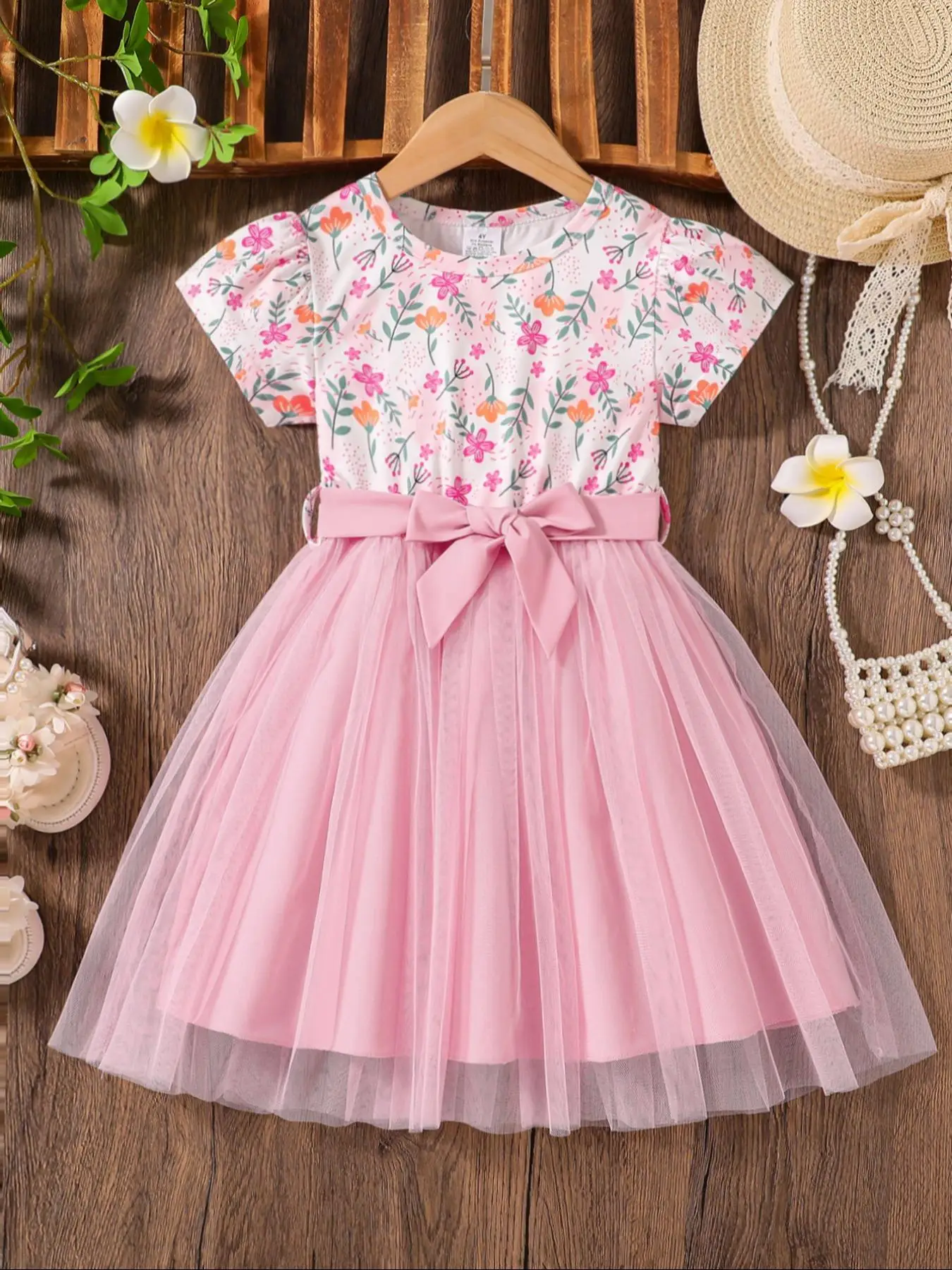 Girl's Floral Print Bow Decor Belted Dress, Casual A Line Dress for Summer, Kids Clothes for Daily Wear