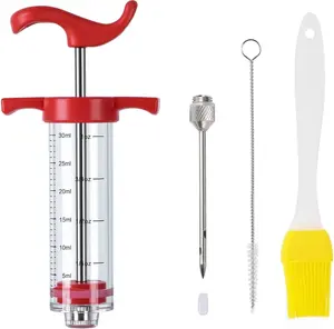 Plastic Meat Injector, Turkey Injector Syringe, Turkey Injection Kit, Meat Injectors for Smoking, For BBQ Grill, Red 1oz (1 Injector 1 Needle)