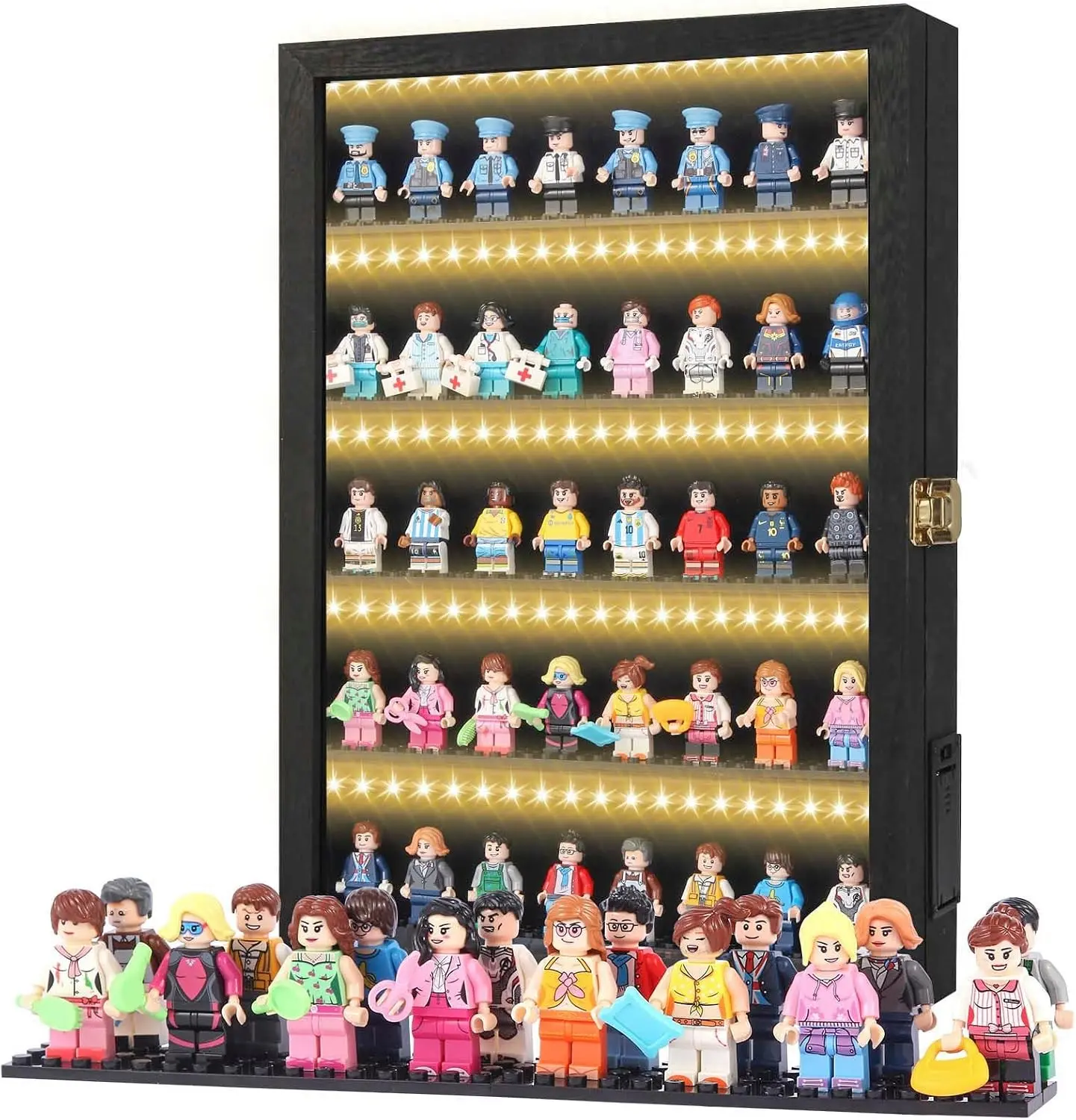 Minifigure Display Case – Black 16″ × 11″ × 2″ Showcase Cabinet with LED‑Lit Shelves, Mini Figurines Display Case with Built‑in Feet, Battery‑Powered, Cord‑Free Collection DisplayGift.