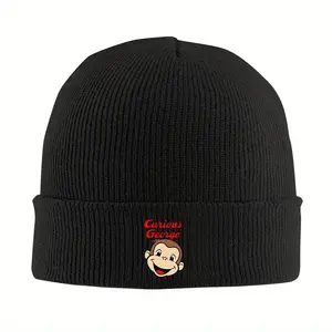 S&T  Curious George Monkey Knitted Hat - Black Winter Ski Hat with Iconic Curious George Face Pattern and Red Font, Windproof and Warm Unisex Style, Slightly Stretchy Fashion Design, Suitable for Christmas, New Year and Daily Wear, Cold Weather Accesso