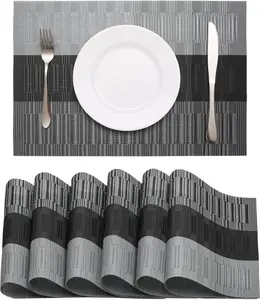 Black Placemats Set of 6 Washable Place Mats Vinyl Woven Table Mats Wipeable Placemat for Kitchen Dining Table Decoration Indoor Outdoor