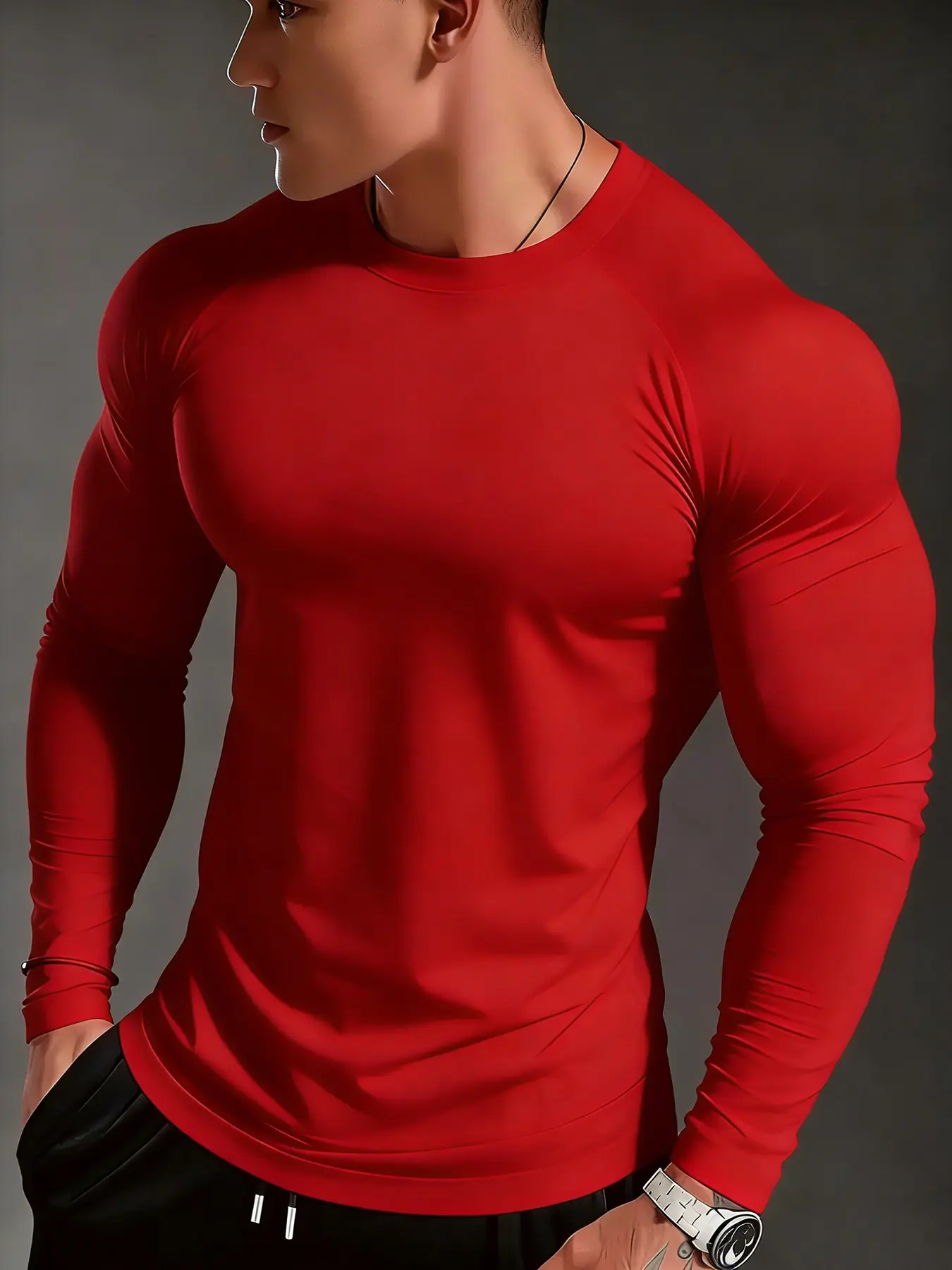 Men's Fitted Long Sleeve Tight Fit Shirt, Pure Color Minimalist Design, Modern Sporty Style, High Stretch Breathable Fabric, Casual Sporty Top, Breathable Tops, Casual Sports Tops