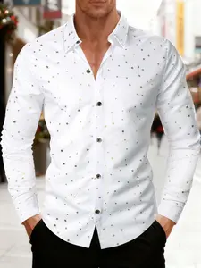 Men's Long Sleeve Casual Button Collared Fitted Shirt, Christmas Gift Shiny Little Stars Men's Shirt, Fashionable Casual Christmas Men's Long Sleeve Shirt