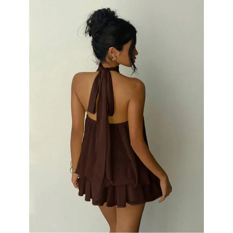brown mini party dress Zahra Chocolate Brown Halter-Neck Ruched Mini Dress With Ruffle Hem – Club  L London main image 1