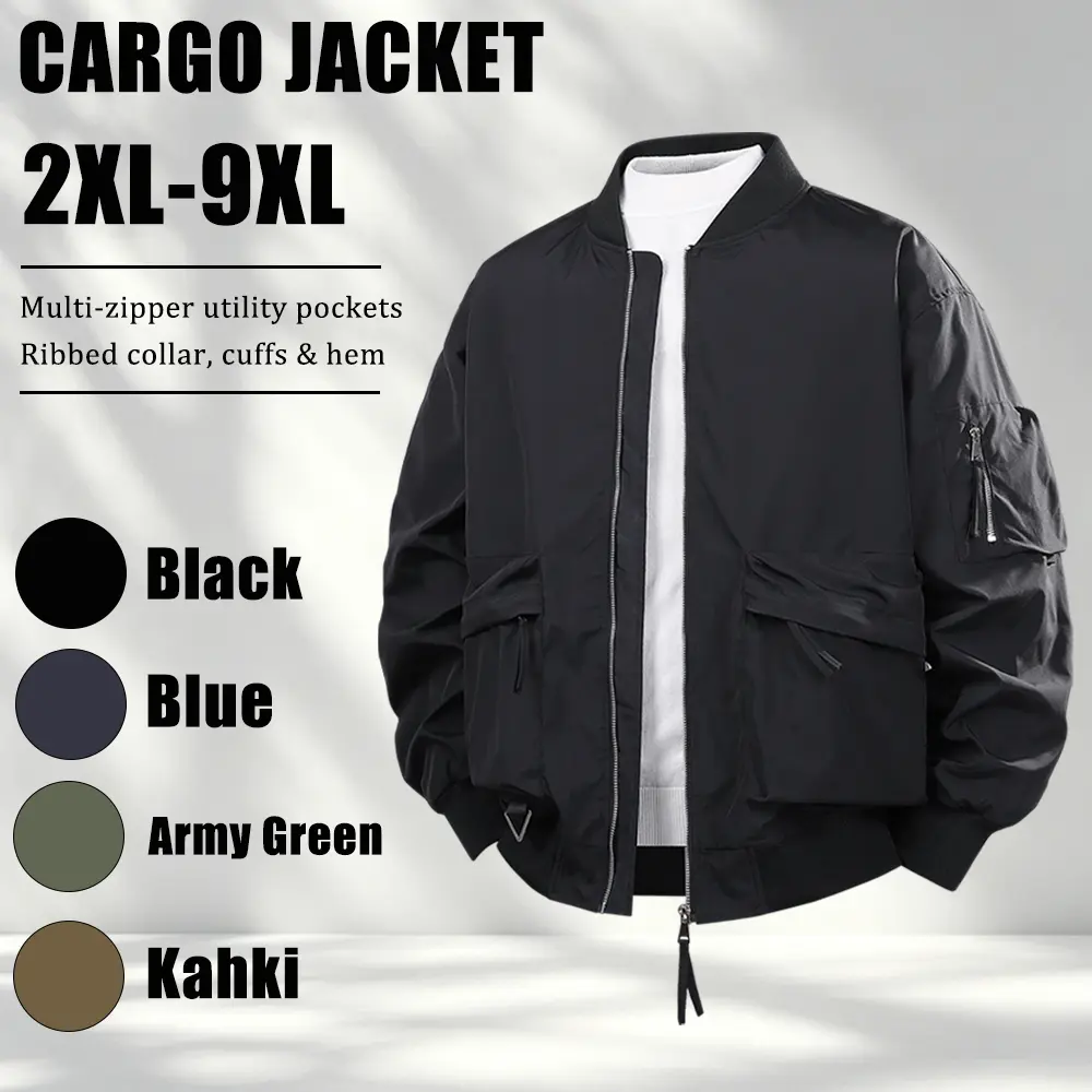【2XL-9XL】Plus-size men’s workwear jacket featuring a relaxed fit with multiple zippered pockets, ribbed cuffs at the collar, sleeves, and hem—ideal for city commuting, outdoor activities, shopping and leisure, short trips, and more.